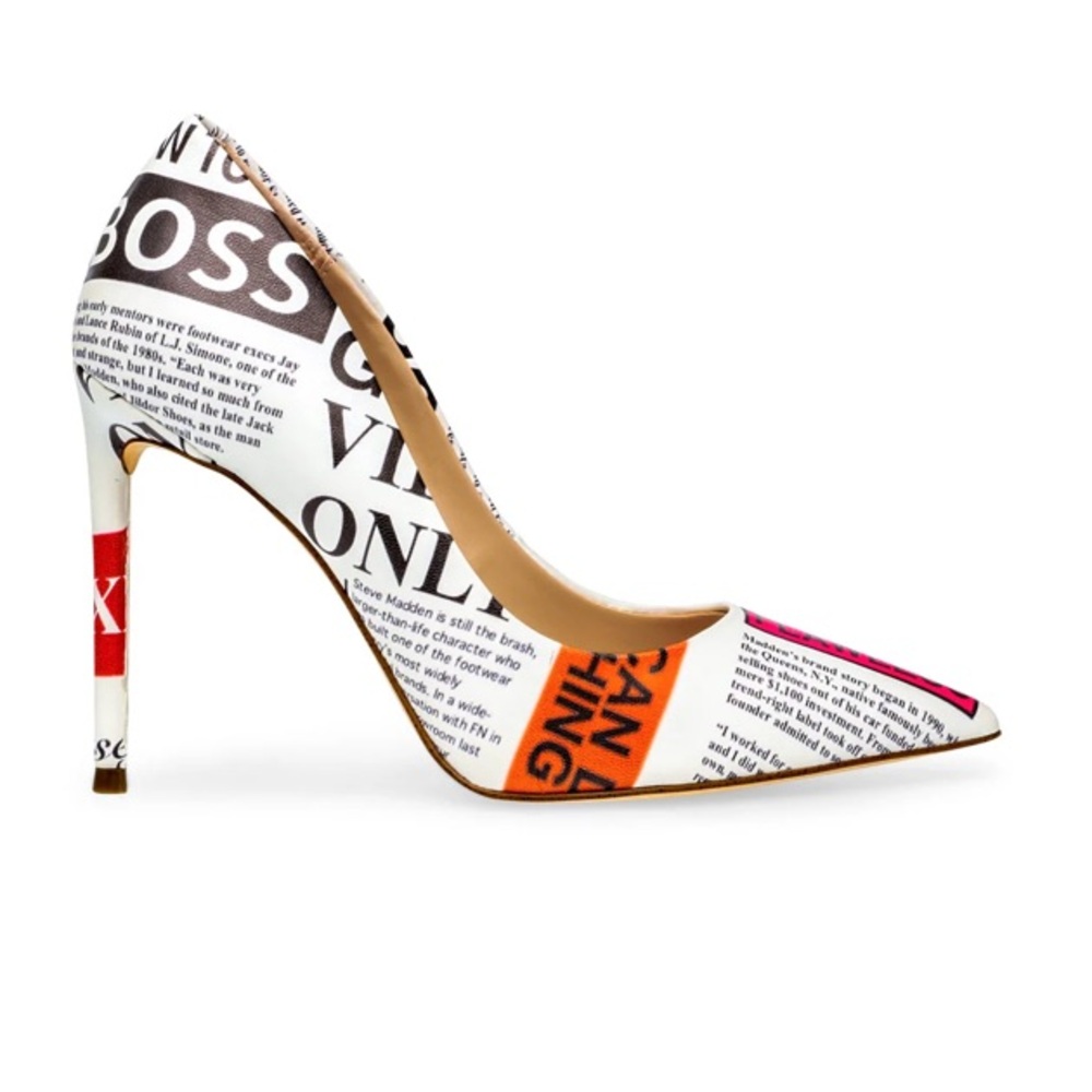 Pointed Newsprint Stiletto Pump in White with Orange & Pink Accents